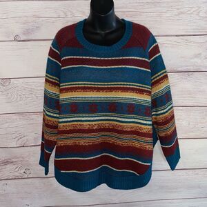 Cotton & Rye Womens Sweater L Southwest Aztec Stripe Teal Burgundy Side Buttons